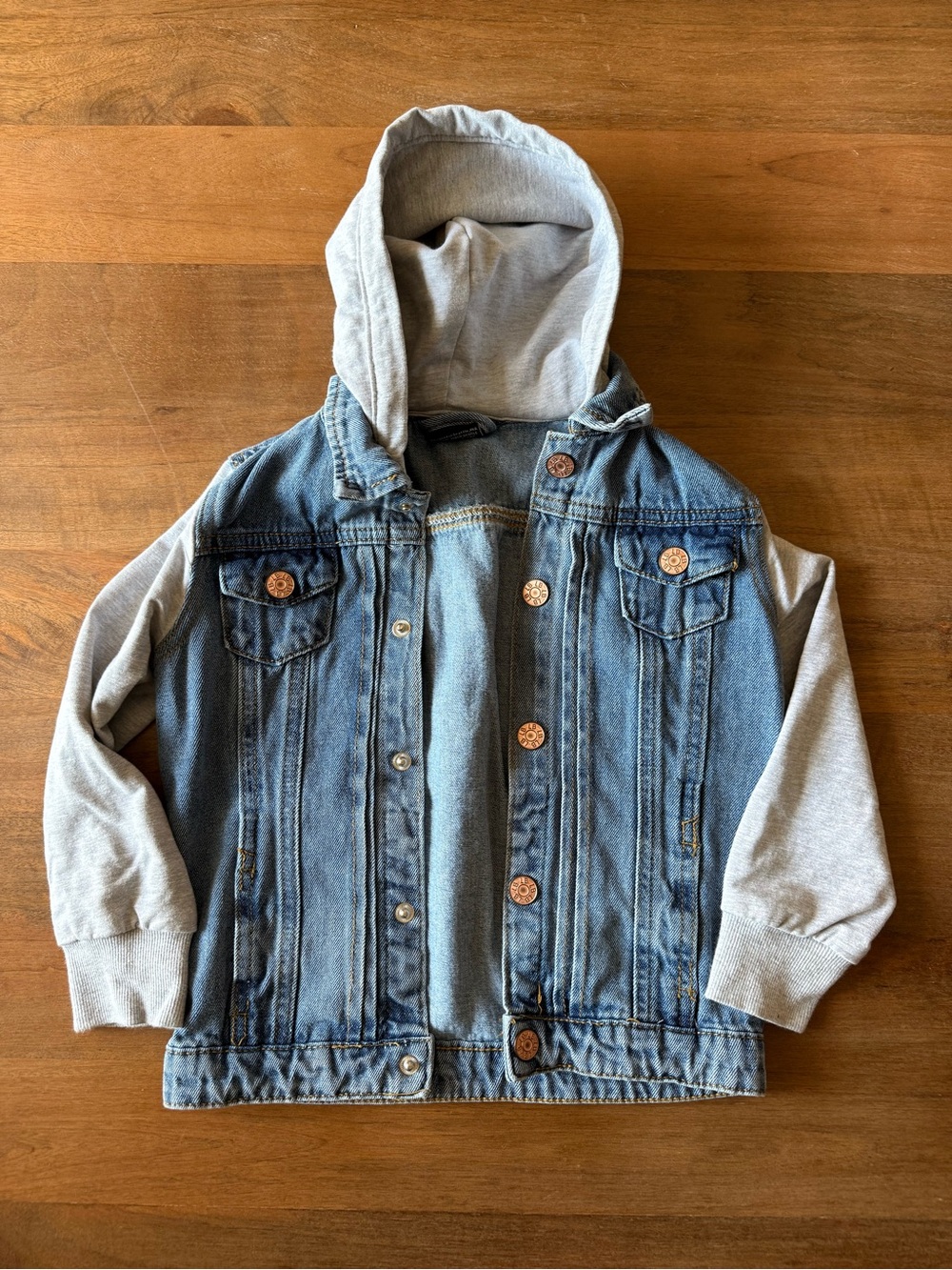 Little Bipsy Blue Denim Jacket with Grey Hoodie Sleeves 2T - 3T